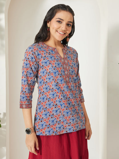 Janasya Women's Blue Pure Cotton Geometric Printed A-Line Top