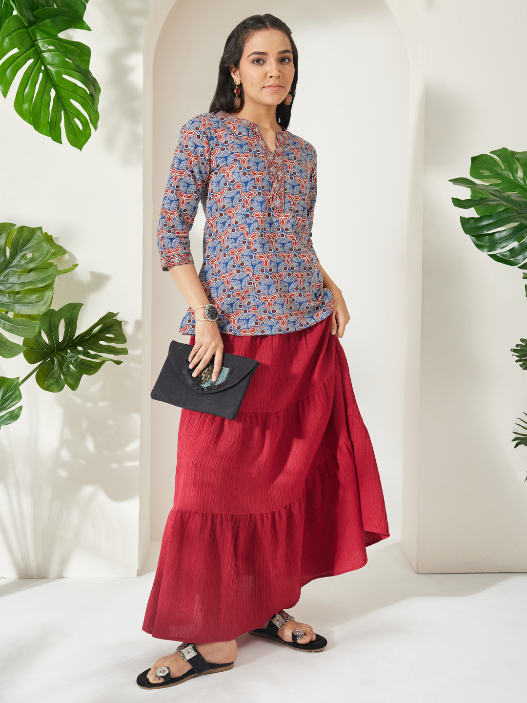 Janasya Women's Blue Pure Cotton Geometric Printed A-Line Top