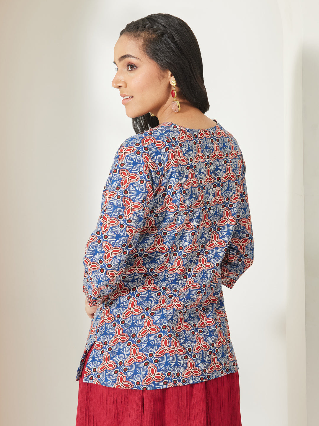 Janasya Women's Blue Pure Cotton Geometric Printed A-Line Top