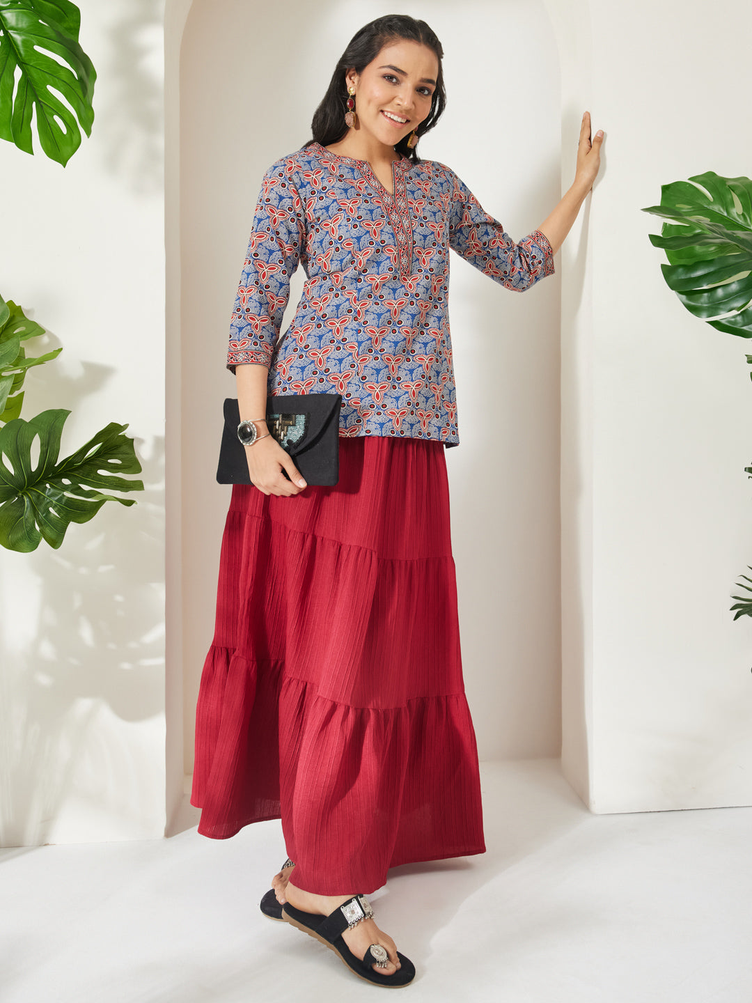 Janasya Women's Blue Pure Cotton Geometric Printed A-Line Top