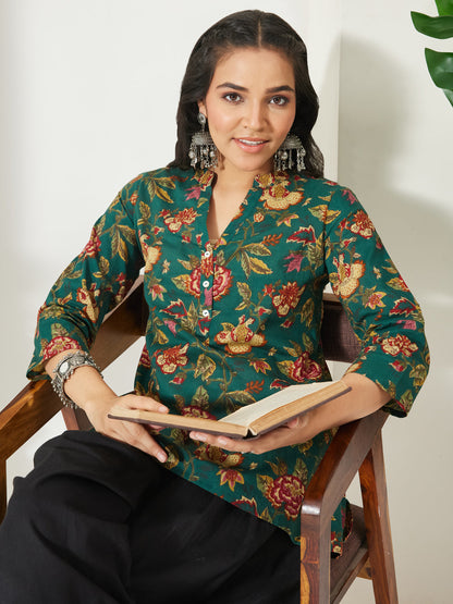 Janasya Women's Green Pure Cotton Floral Printed A-Line Top
