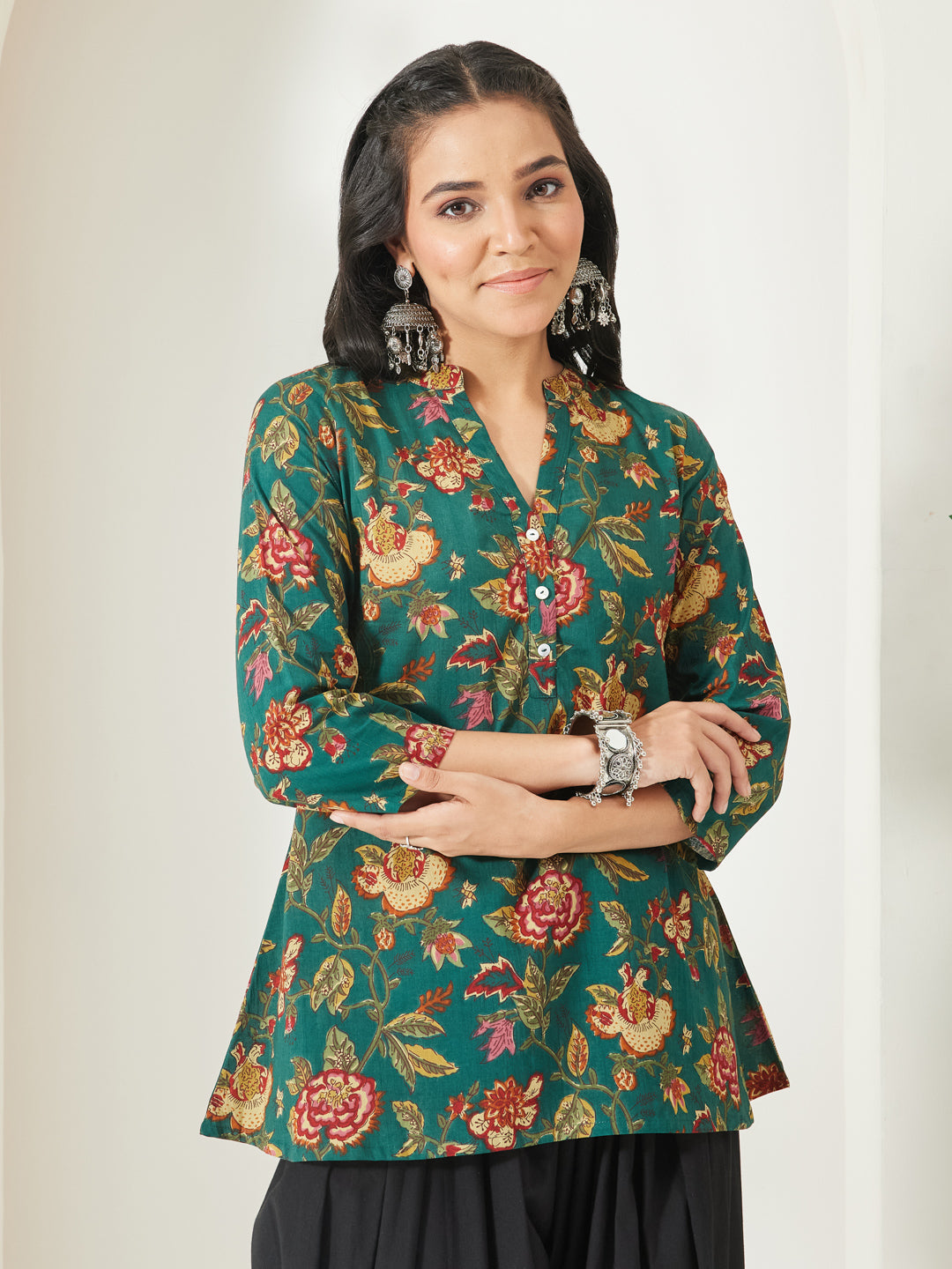 Janasya Women's Green Pure Cotton Floral Printed A-Line Top