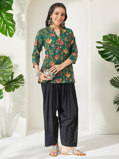 Janasya Women's Green Pure Cotton Floral Printed A-Line Top