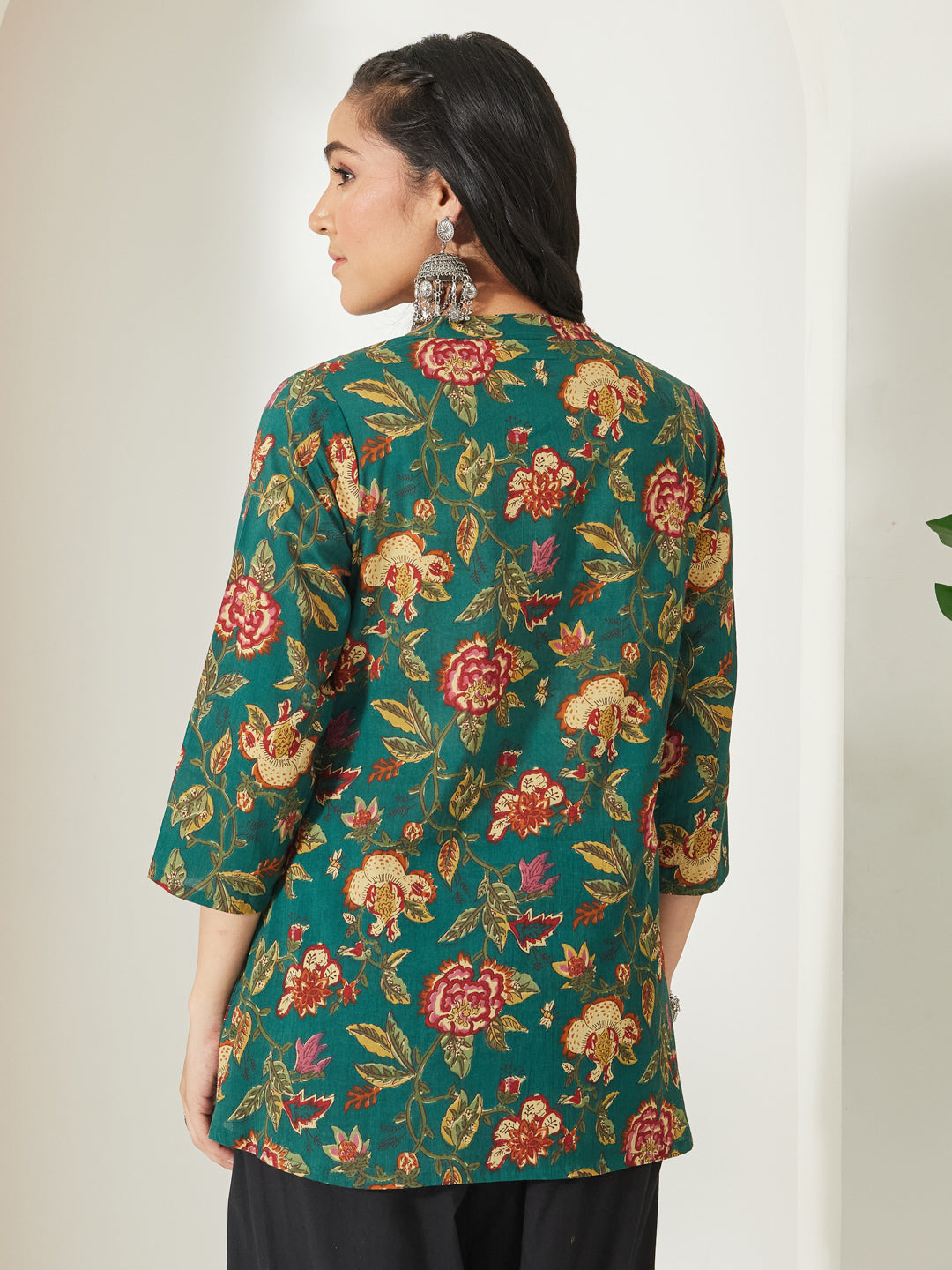 Janasya Women's Green Pure Cotton Floral Printed A-Line Top