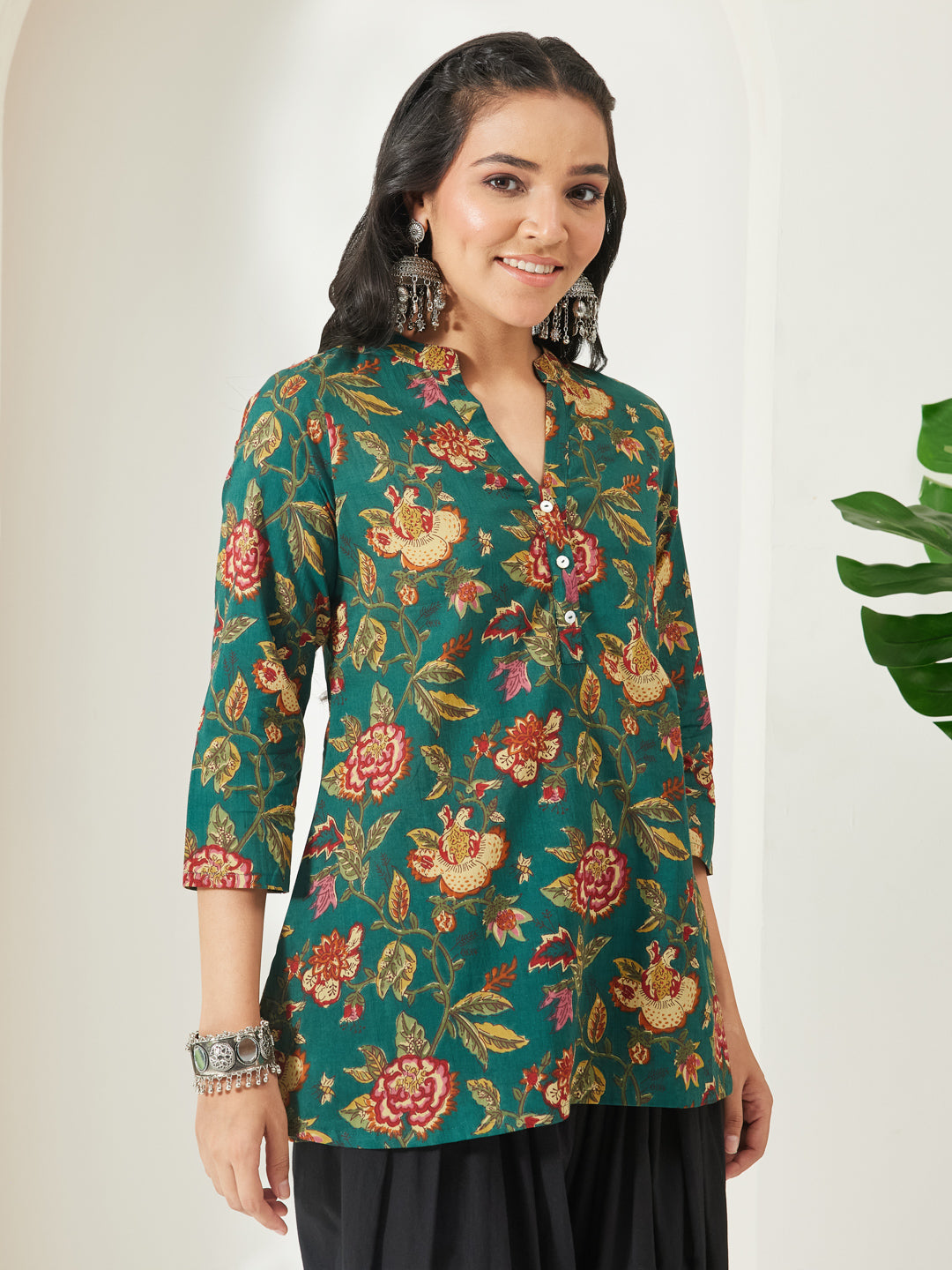 Janasya Women's Green Pure Cotton Floral Printed A-Line Top