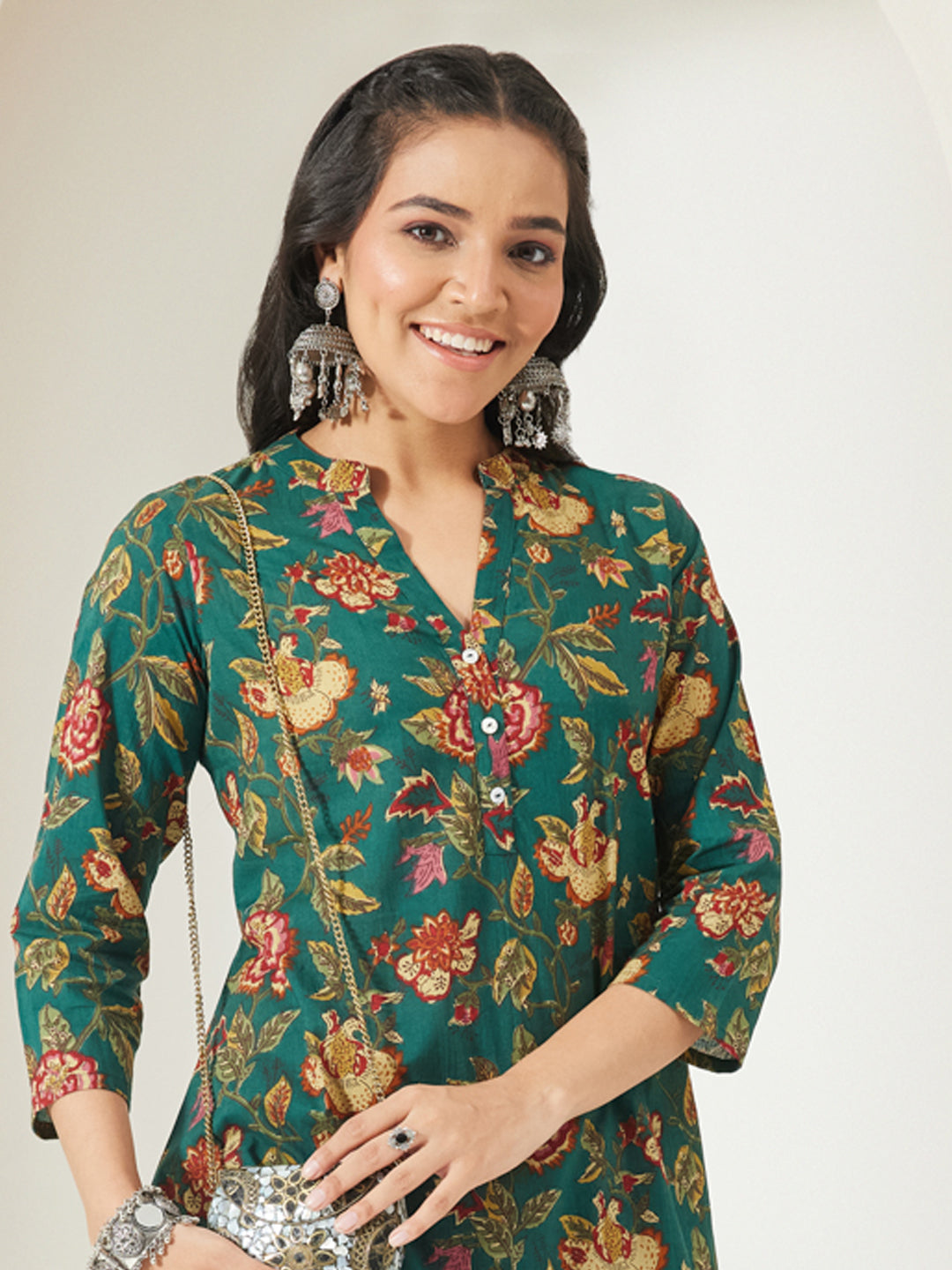 Janasya Women's Green Pure Cotton Floral Printed A-Line Top