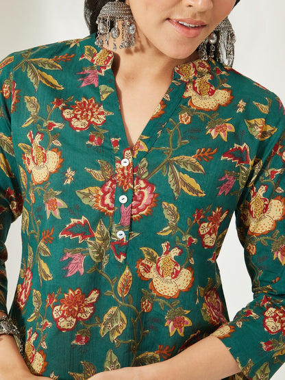 Janasya Women's Green Pure Cotton Floral Printed A-Line Top