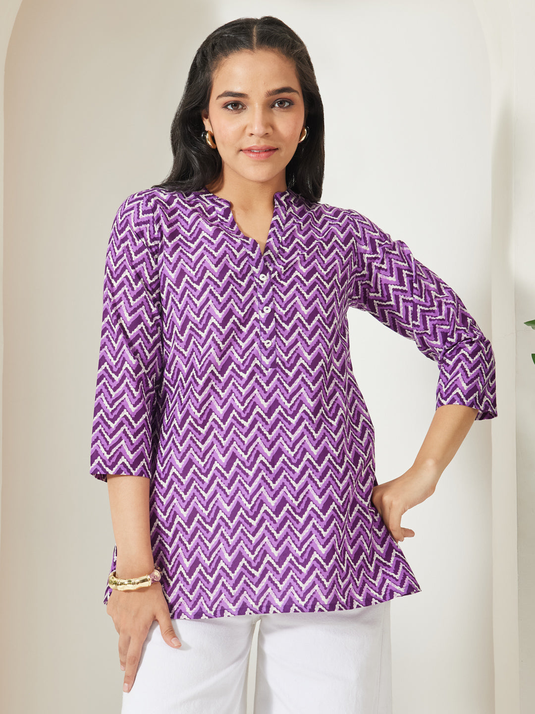 Janasya Women's Purple Pure Cotton Chevron Printed A-Line Top