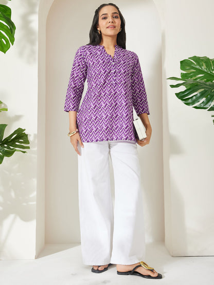 Janasya Women's Purple Pure Cotton Chevron Printed A-Line Top