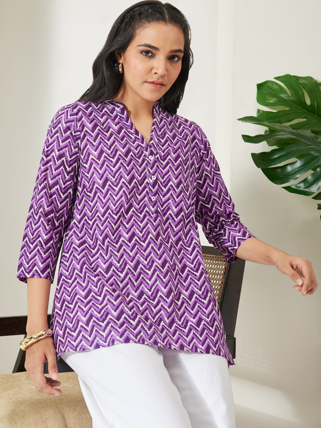 Janasya Women's Purple Pure Cotton Chevron Printed A-Line Top