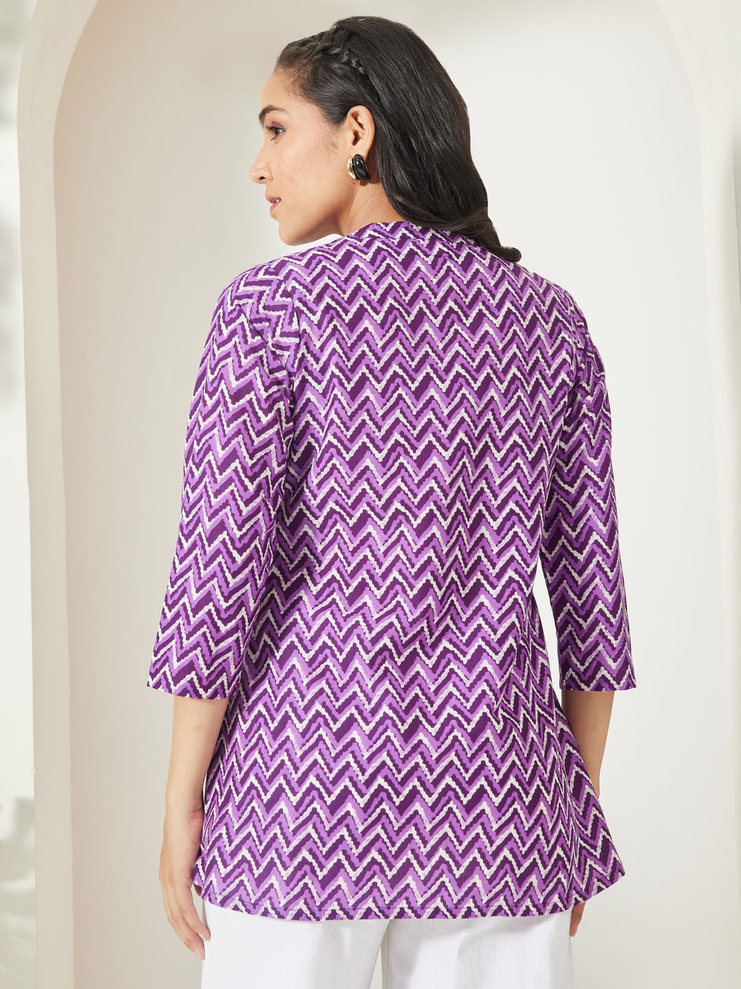 Janasya Women's Purple Pure Cotton Chevron Printed A-Line Top