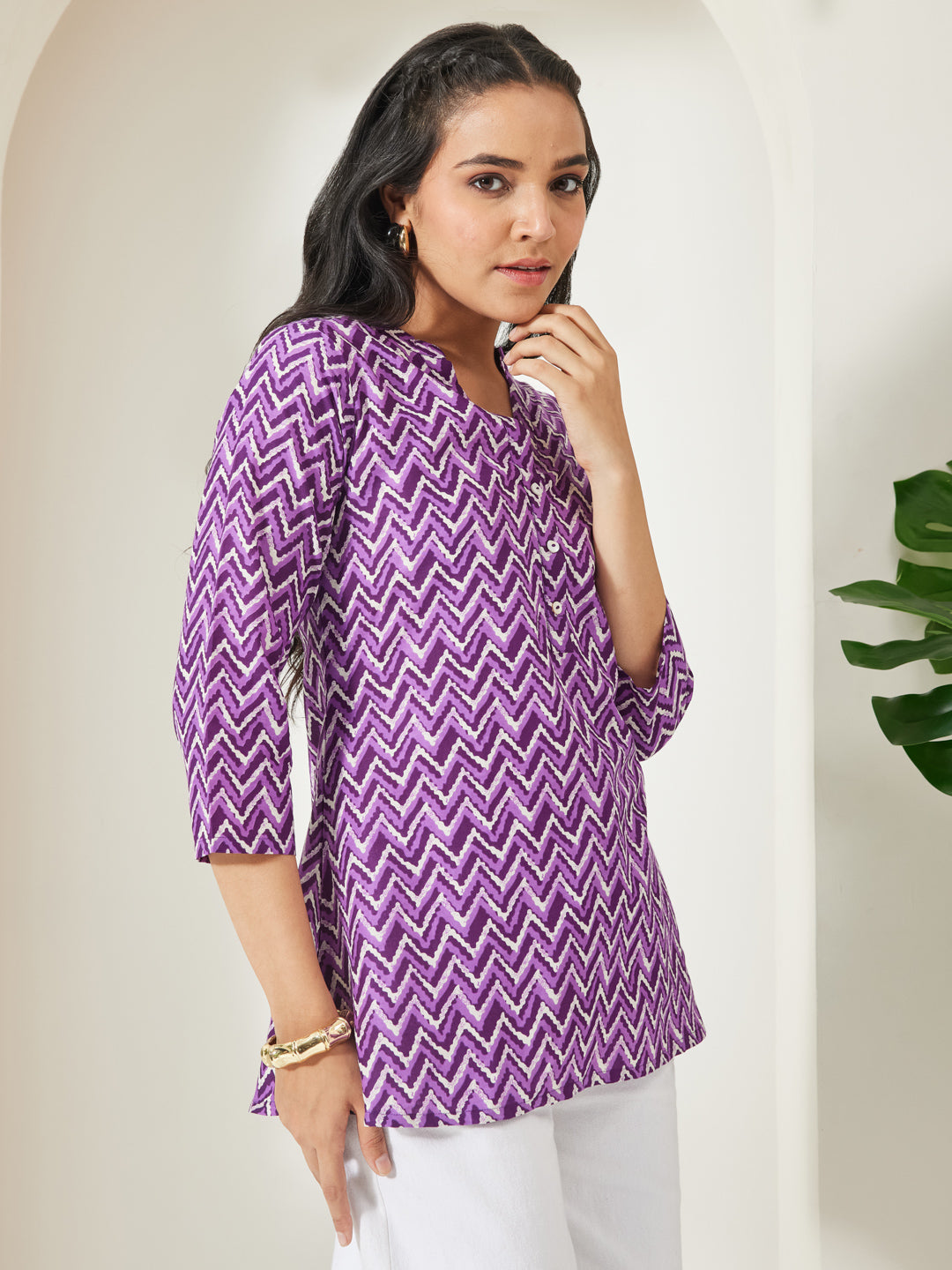Janasya Women's Purple Pure Cotton Chevron Printed A-Line Top