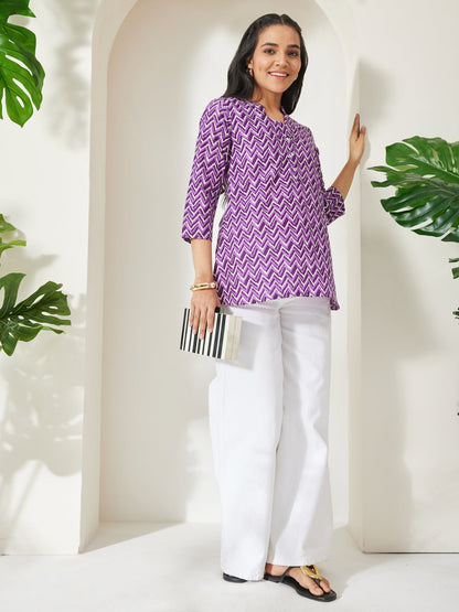 Janasya Women's Purple Pure Cotton Chevron Printed A-Line Top
