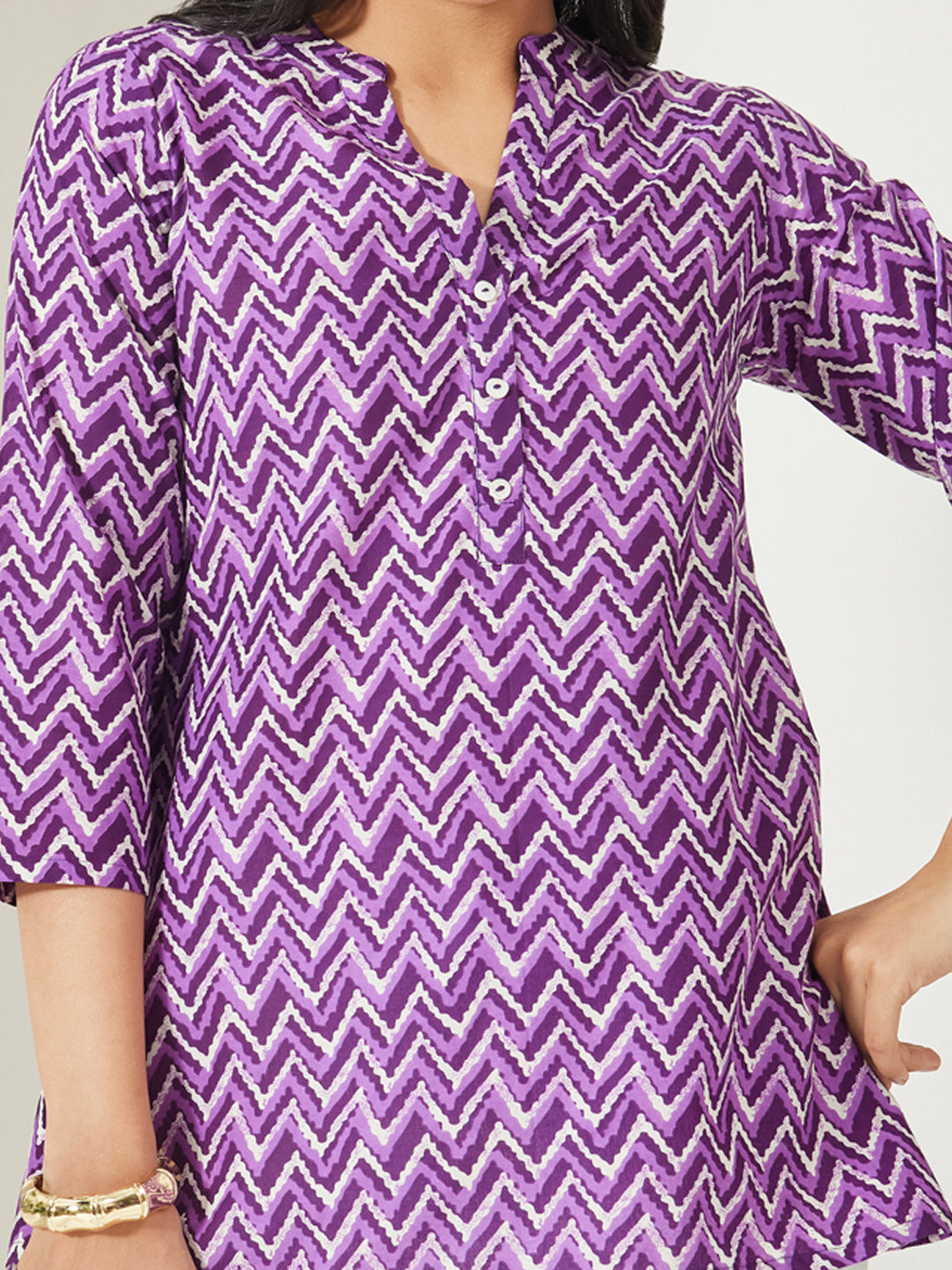 Janasya Women's Purple Pure Cotton Chevron Printed A-Line Top