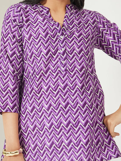 Janasya Women's Purple Pure Cotton Chevron Printed A-Line Top