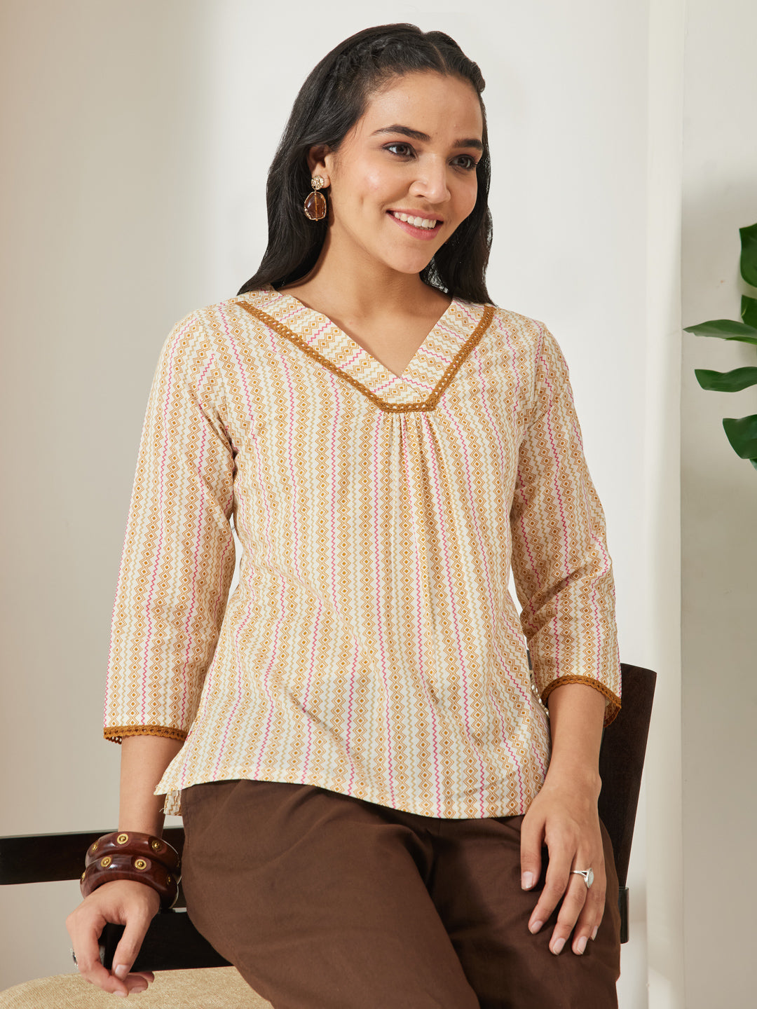 Janasya Women's Cream Color Pure Cotton Geometric Printed A-Line Top