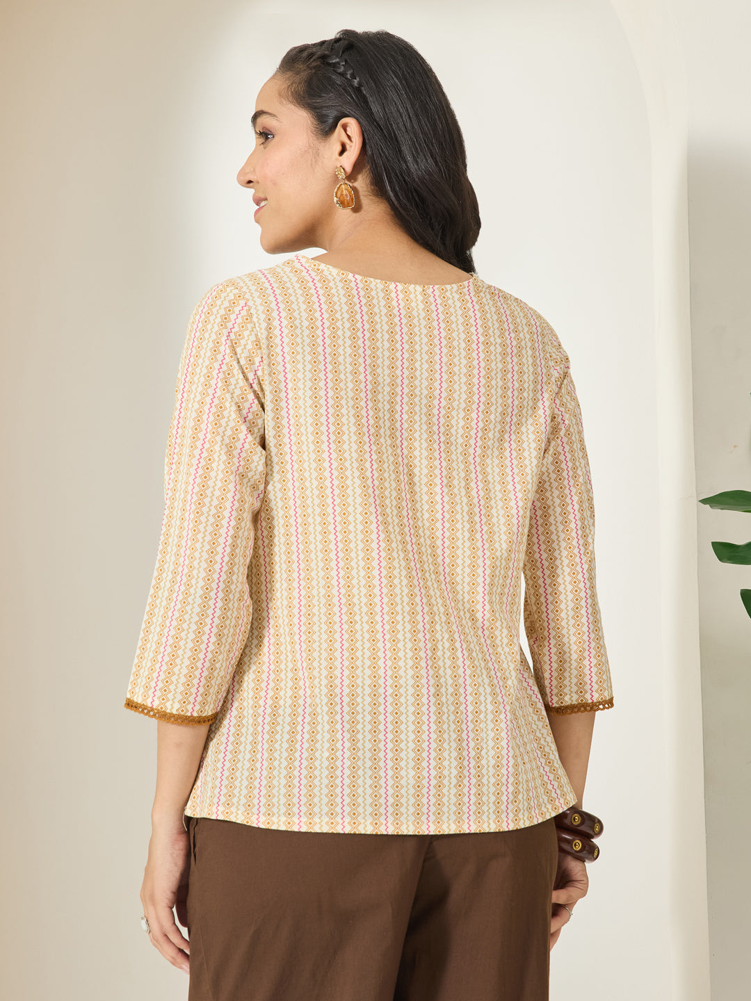 Janasya Women's Cream Color Pure Cotton Geometric Printed A-Line Top