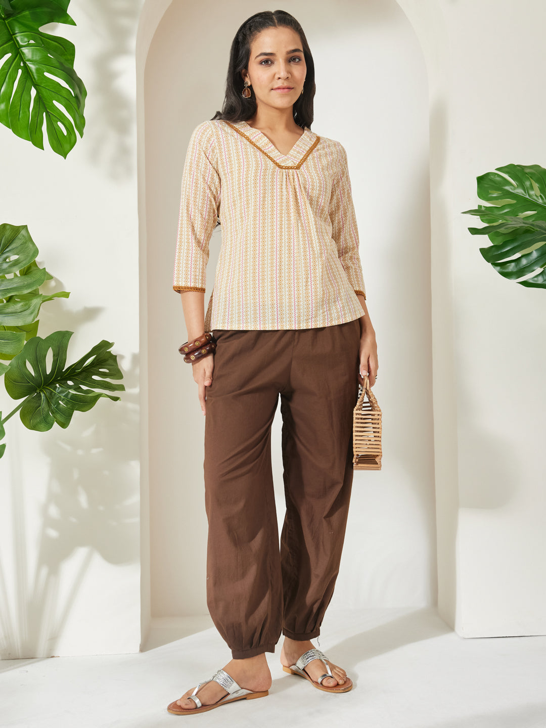 Janasya Women's Cream Color Pure Cotton Geometric Printed A-Line Top