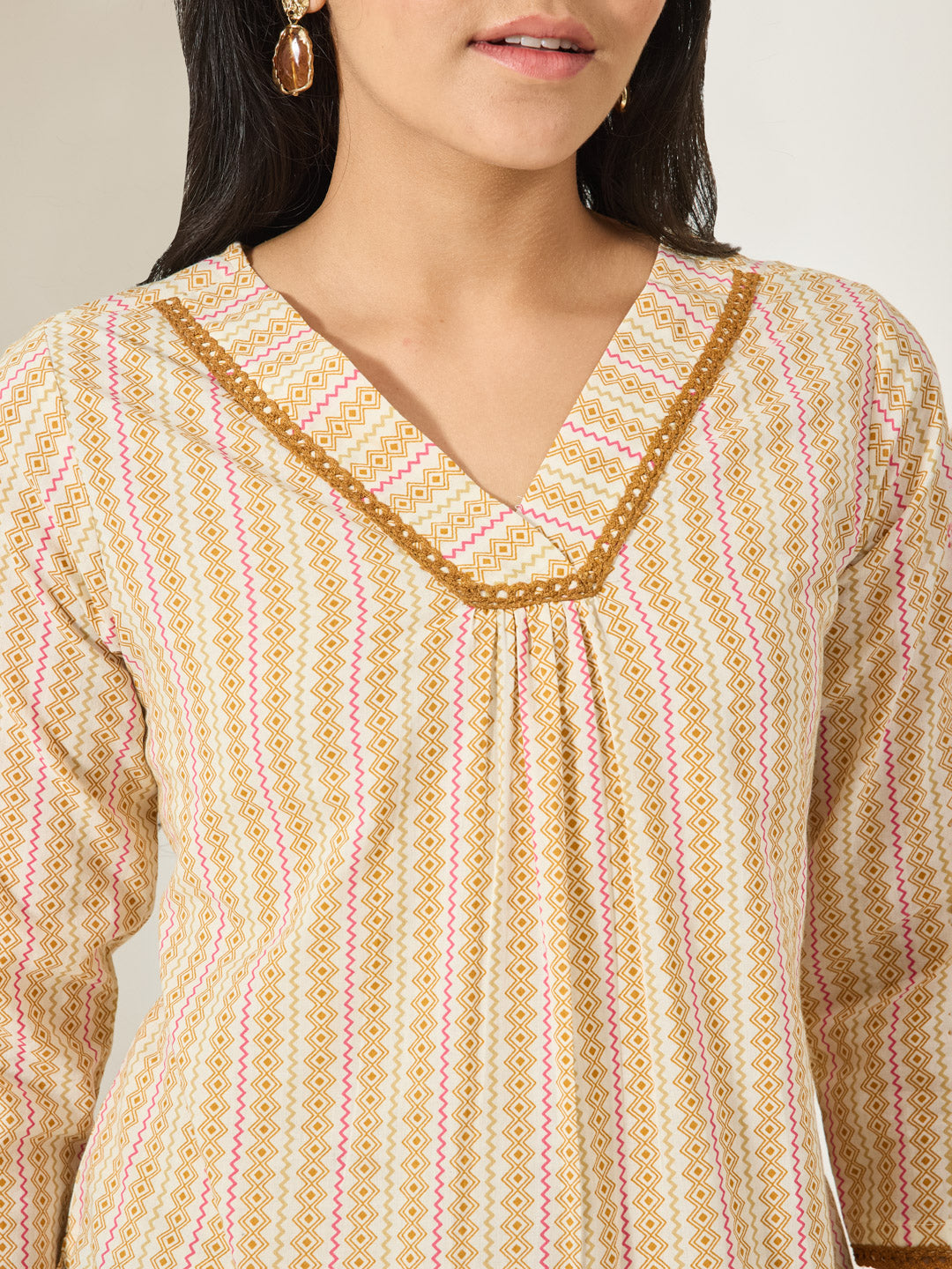 Janasya Women's Cream Color Pure Cotton Geometric Printed A-Line Top