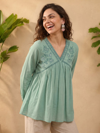 Janasya Women's Aqua Green Linen Cotton Embroidered A-Line Top