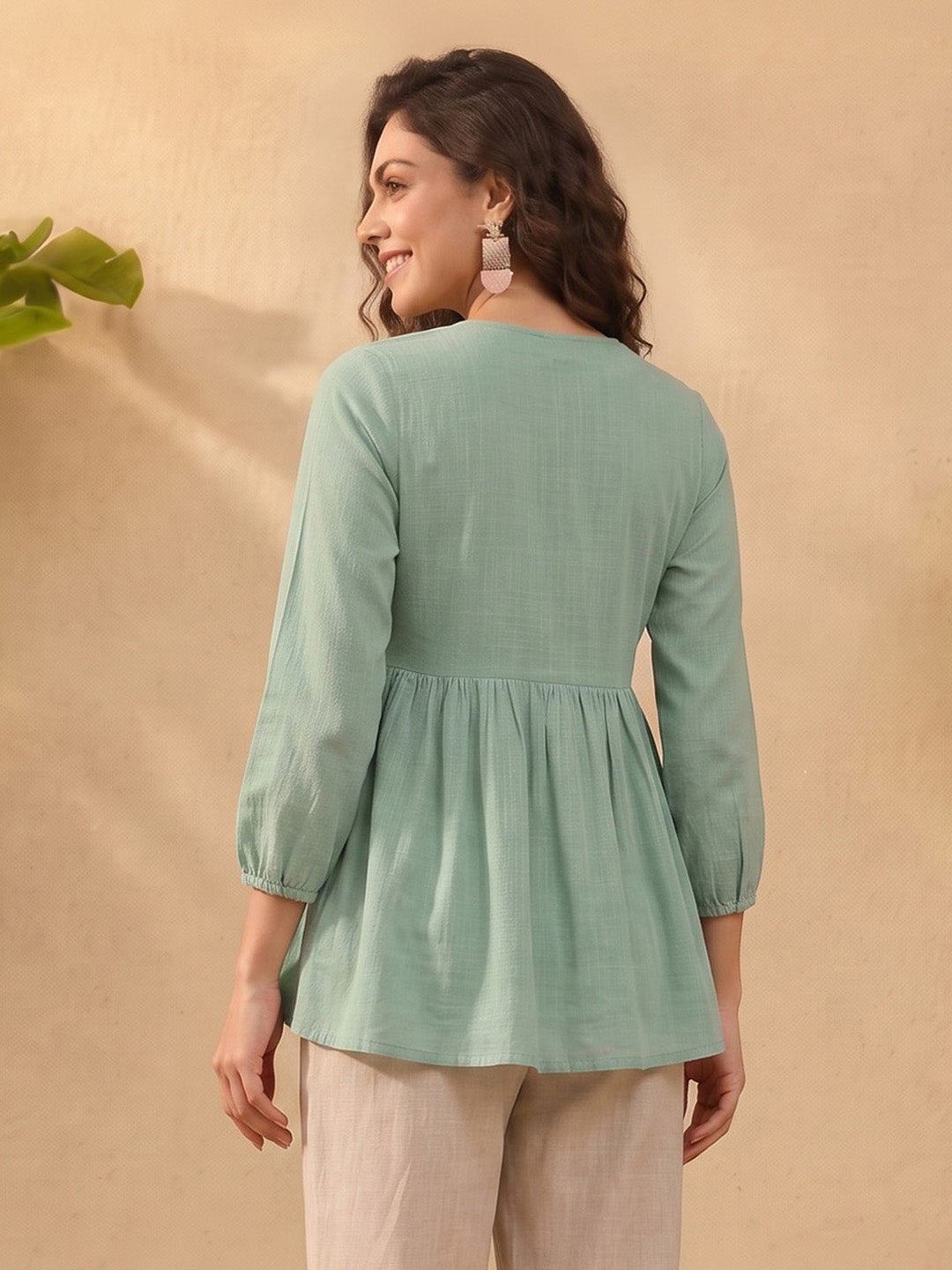 Janasya Women's Aqua Green Linen Cotton Embroidered A-Line Top