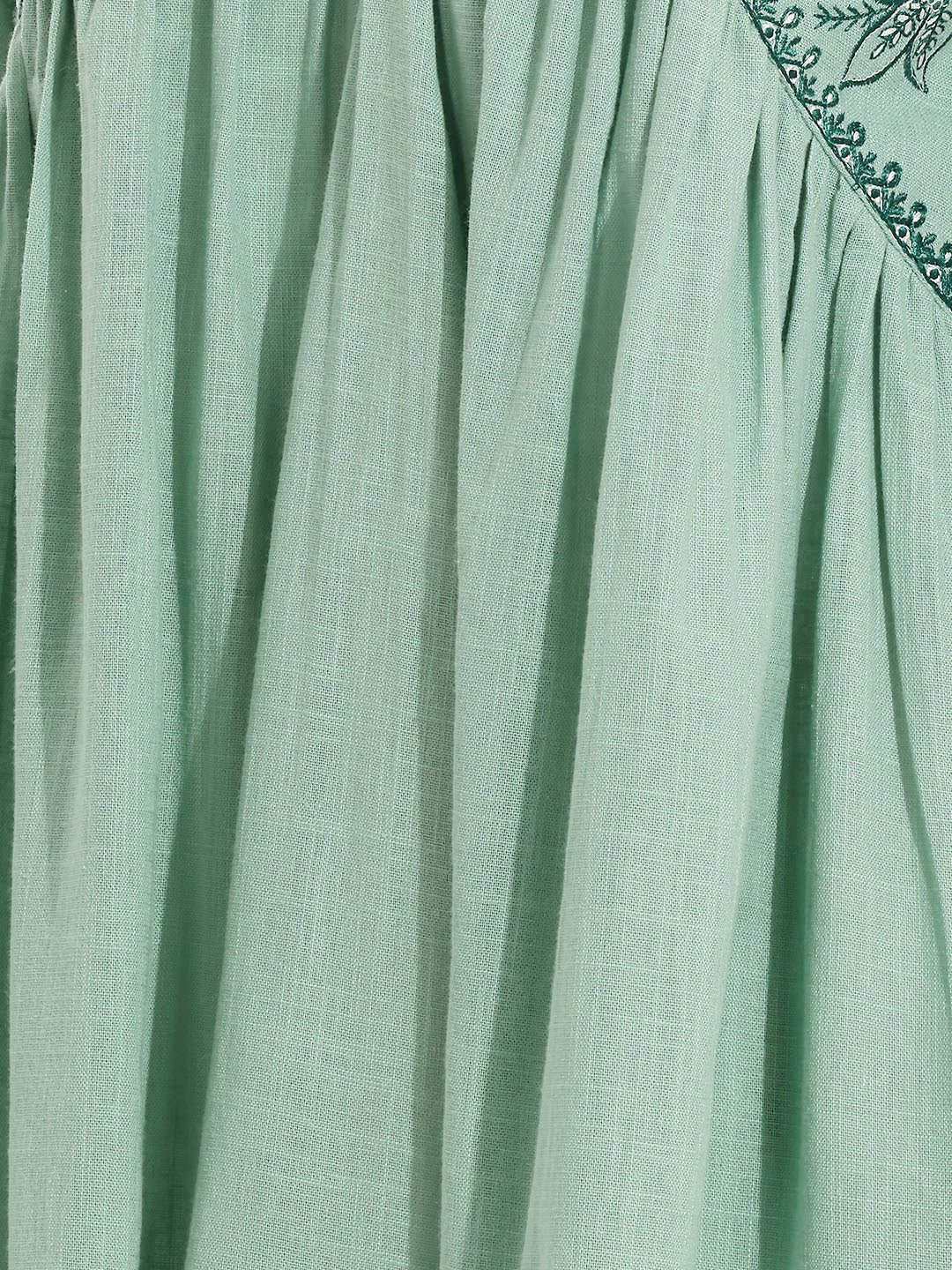 Janasya Women's Aqua Green Linen Cotton Embroidered A-Line Top