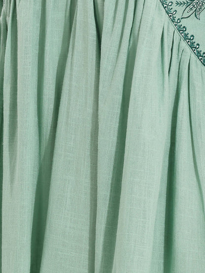 Janasya Women's Aqua Green Linen Cotton Embroidered A-Line Top