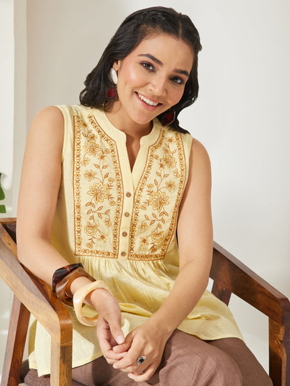 Janasya Women's Yellow Linen Cotton Embroidered A-Line TOP