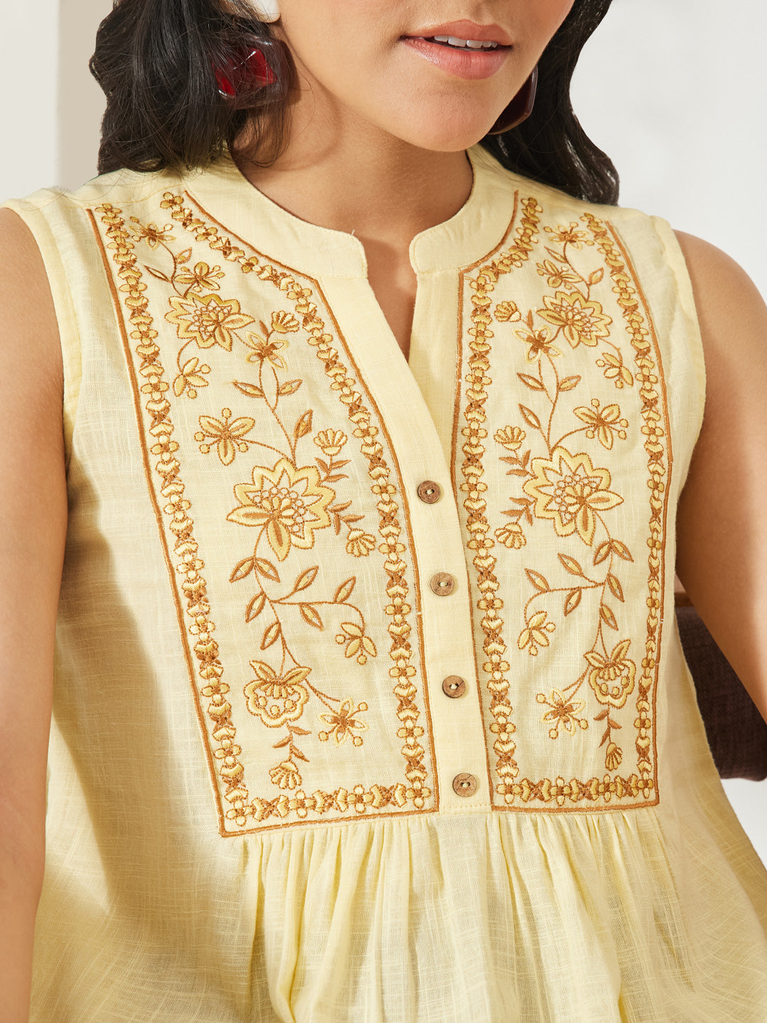 Janasya Women's Yellow Linen Cotton Embroidered A-Line TOP