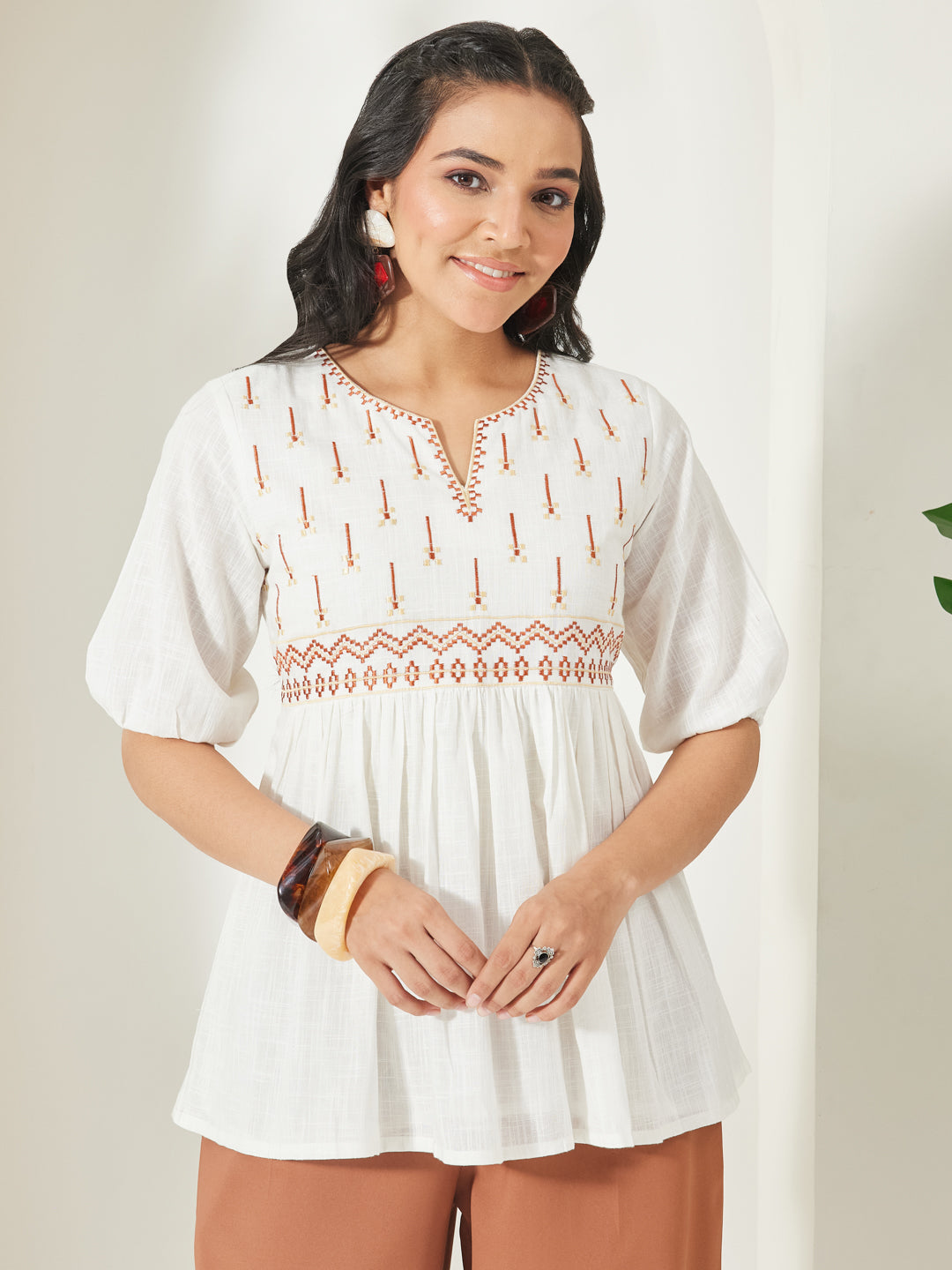 Janasya Women's Off White Cotton Embroidered Peplum Top