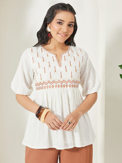 Janasya Women's Off White Cotton Embroidered Peplum Top