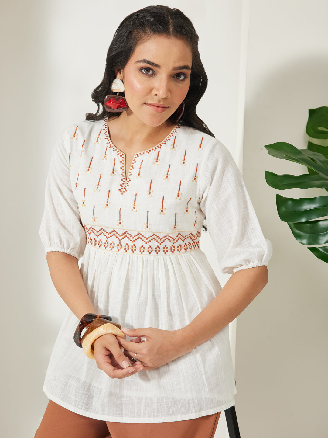 Janasya Women's Off White Cotton Embroidered Peplum Top