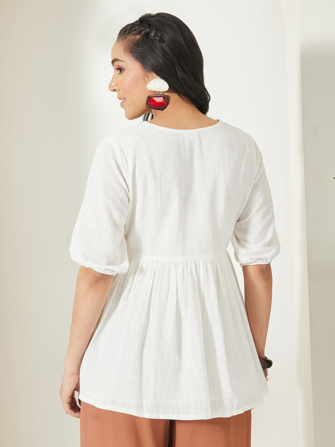 Janasya Women's Off White Cotton Embroidered Peplum Top