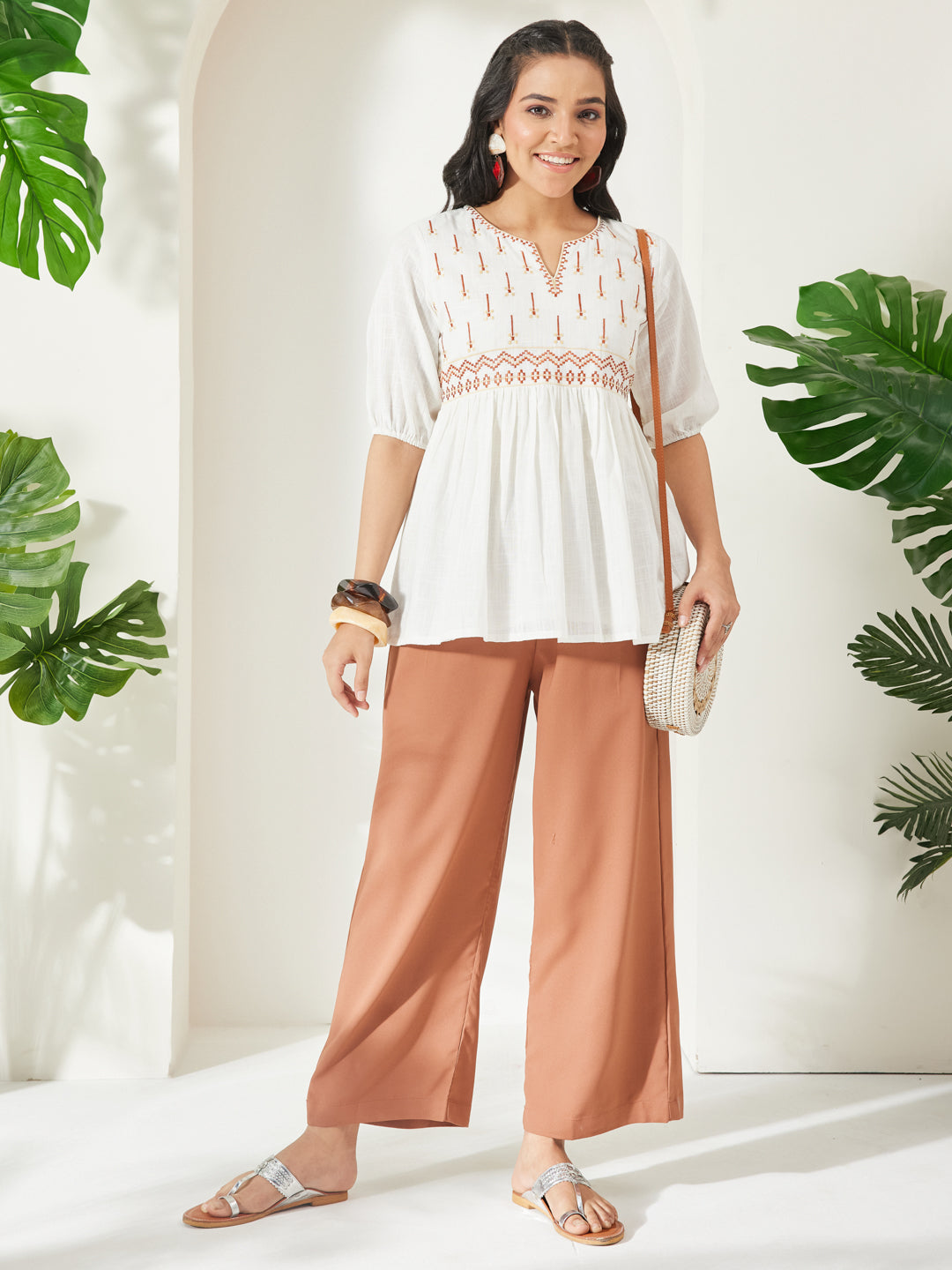 Janasya Women's Off White Cotton Embroidered Peplum Top
