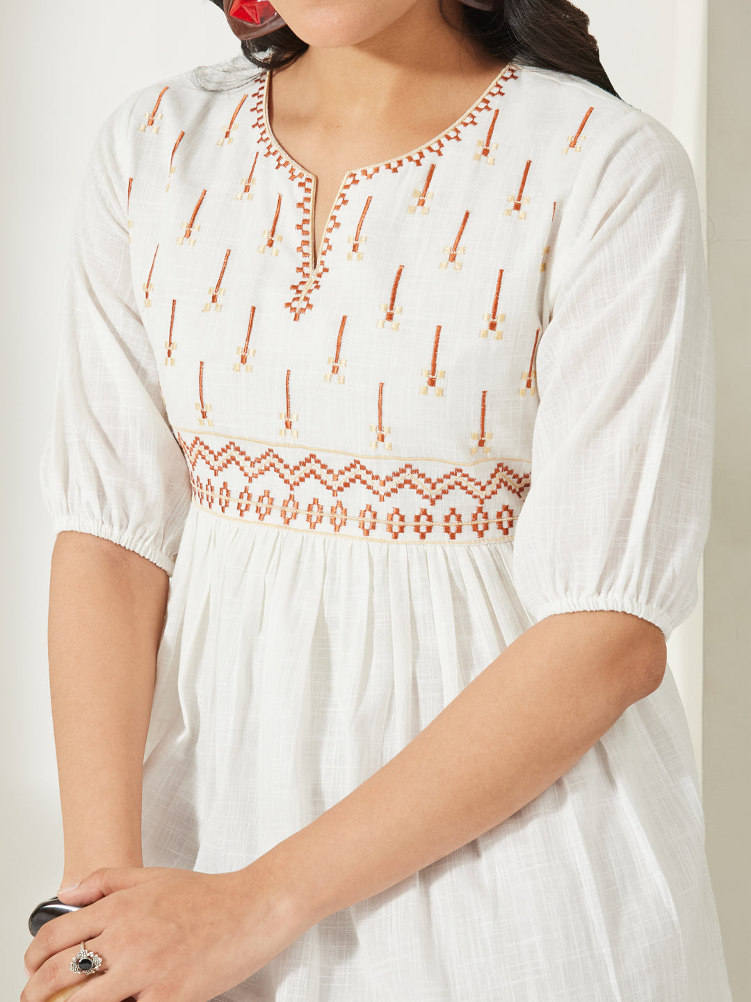 Janasya Women's Off White Cotton Embroidered Peplum Top