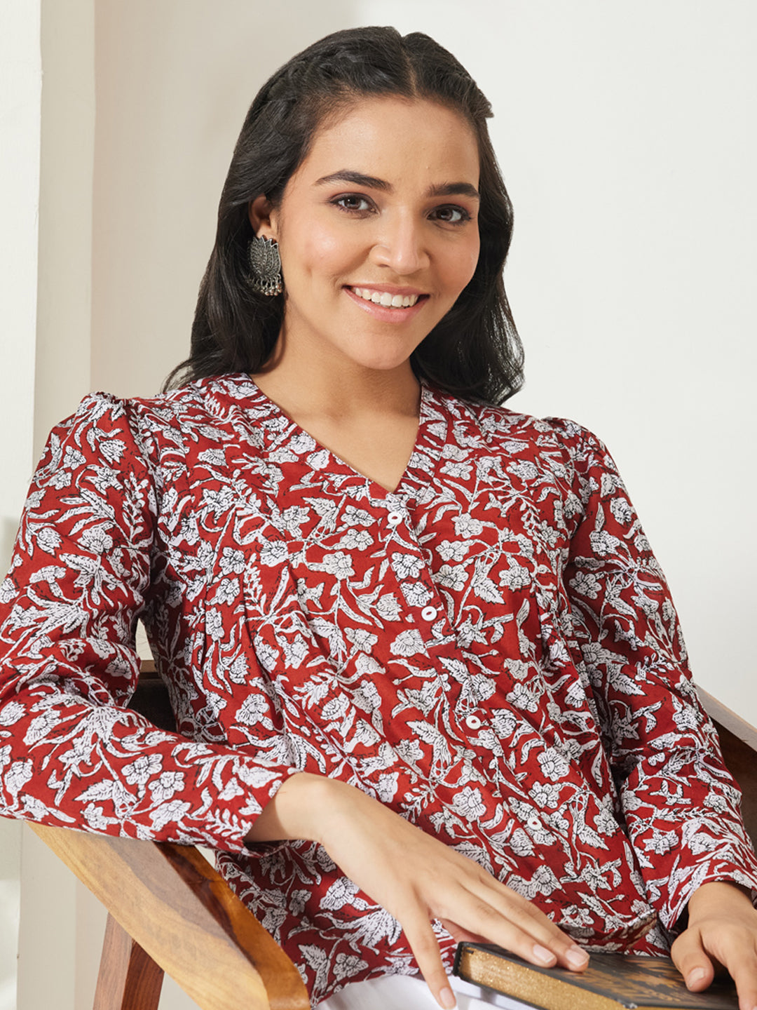 Janasya Women's Rust Pure Cotton Floral Printed Shirt Style Top