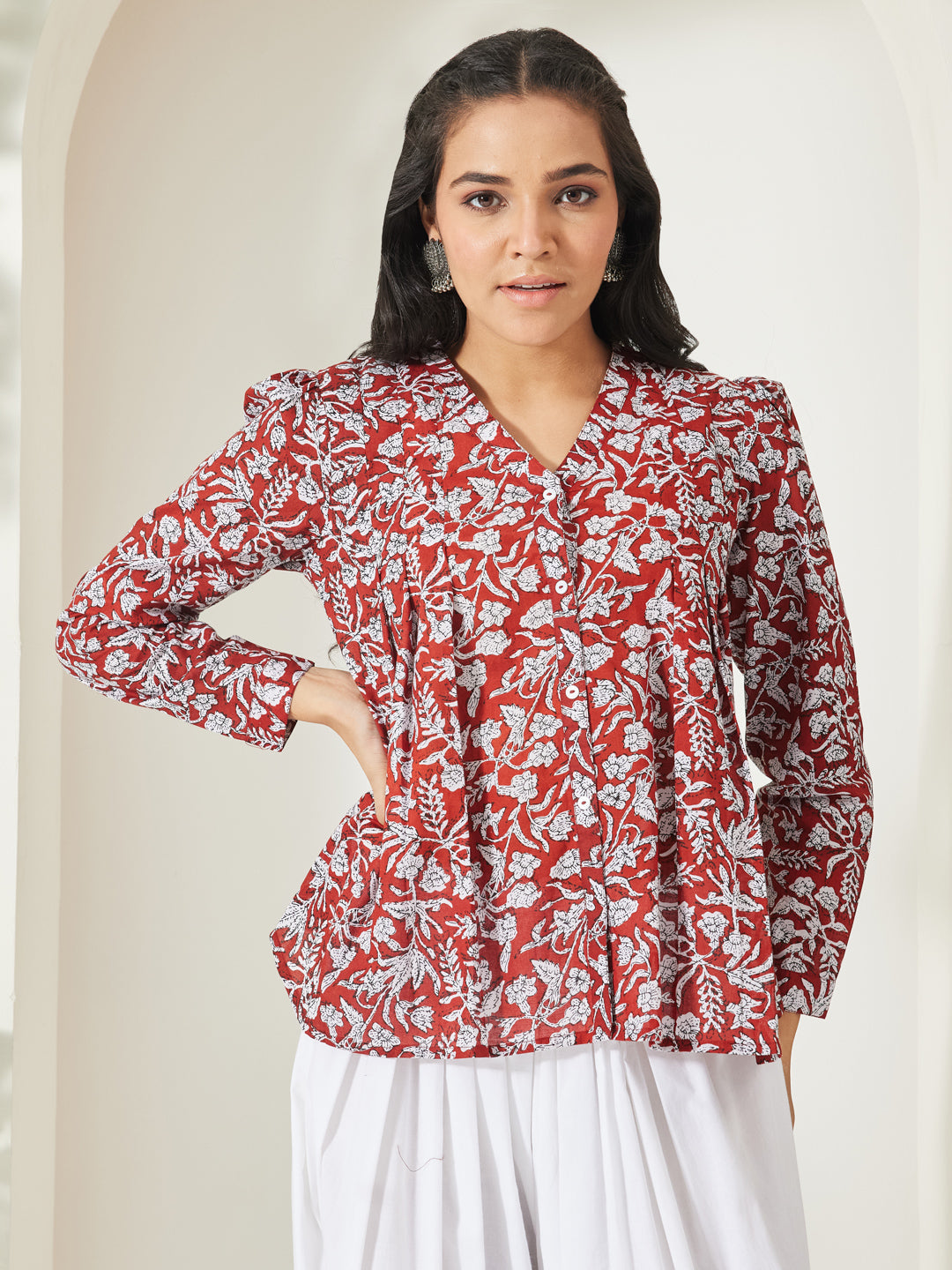 Janasya Women's Rust Pure Cotton Floral Printed Shirt Style Top