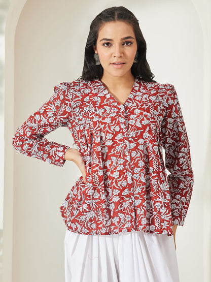 Janasya Women's Rust Pure Cotton Floral Printed Shirt Style Top