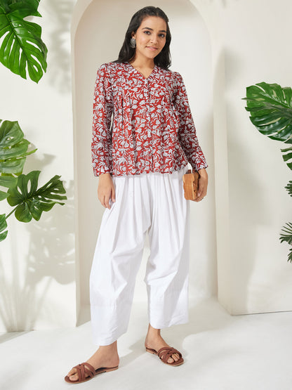 Janasya Women's Rust Pure Cotton Floral Printed Shirt Style Top