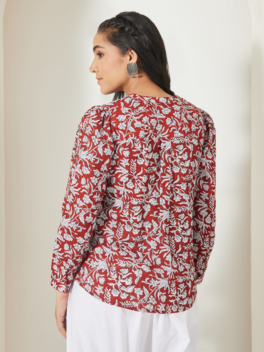 Janasya Women's Rust Pure Cotton Floral Printed Shirt Style Top