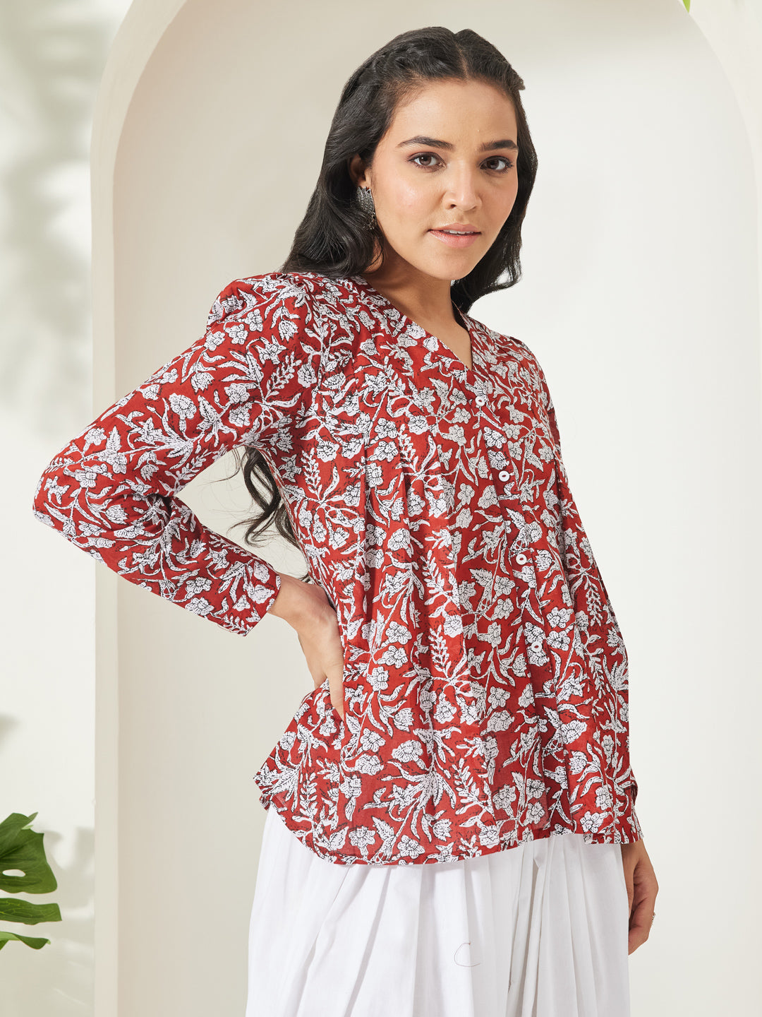 Janasya Women's Rust Pure Cotton Floral Printed Shirt Style Top