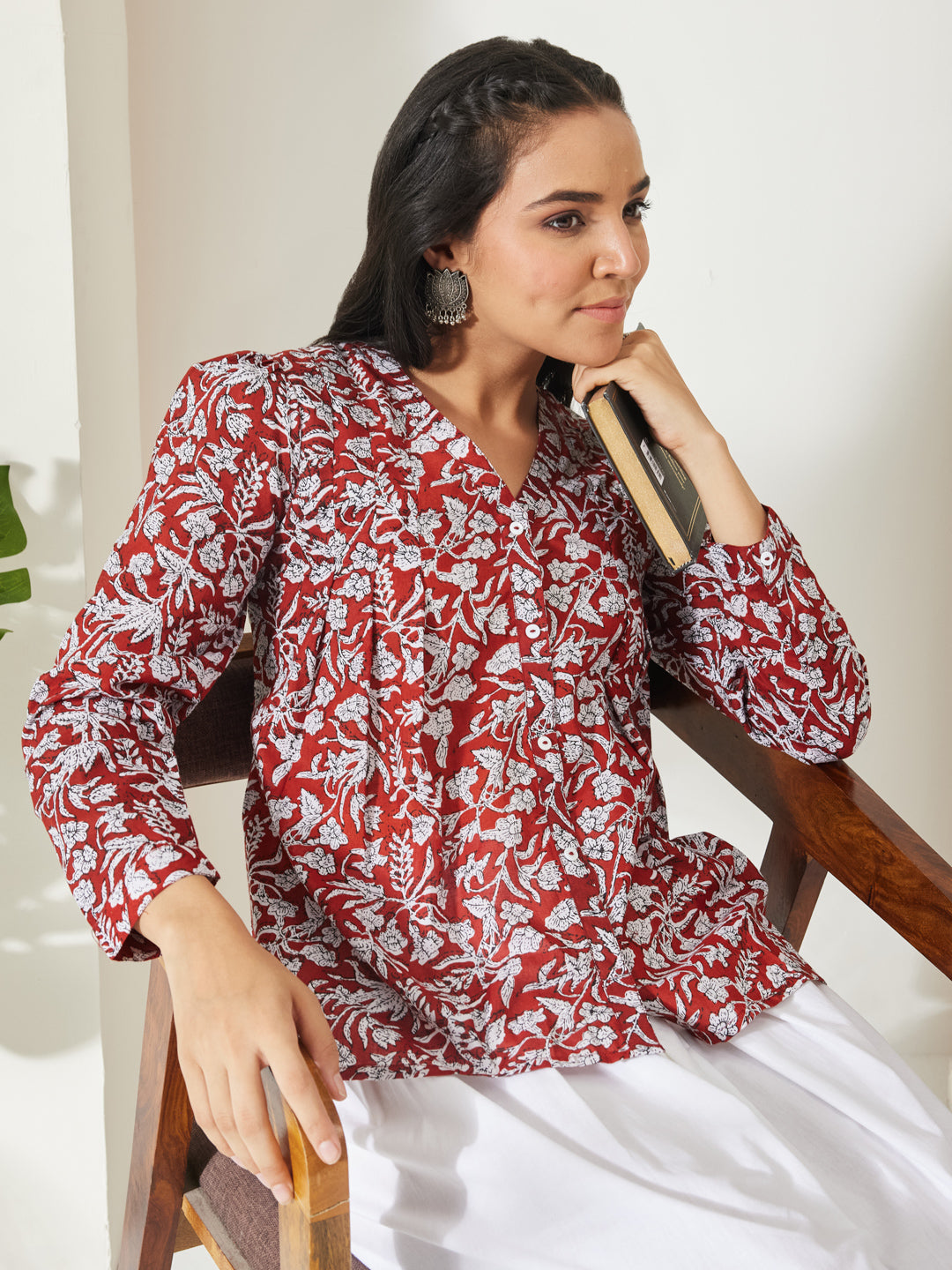 Janasya Women's Rust Pure Cotton Floral Printed Shirt Style Top