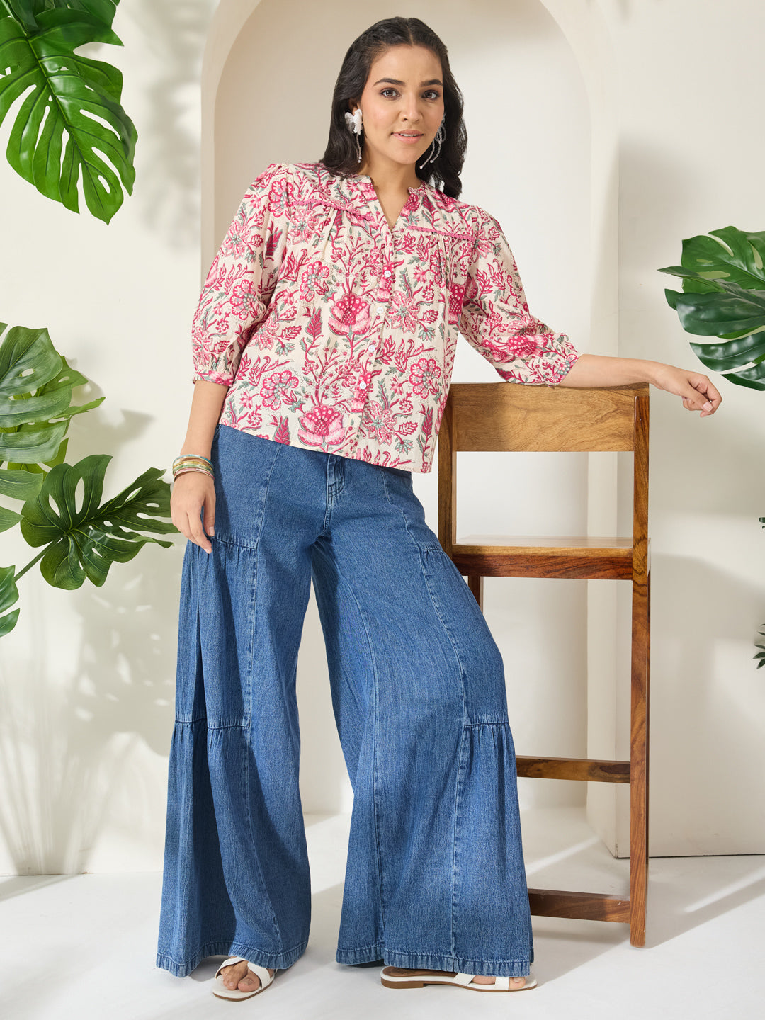 Janasya Women's Cream Pure Cotton Floral Printed Shirt Style Top