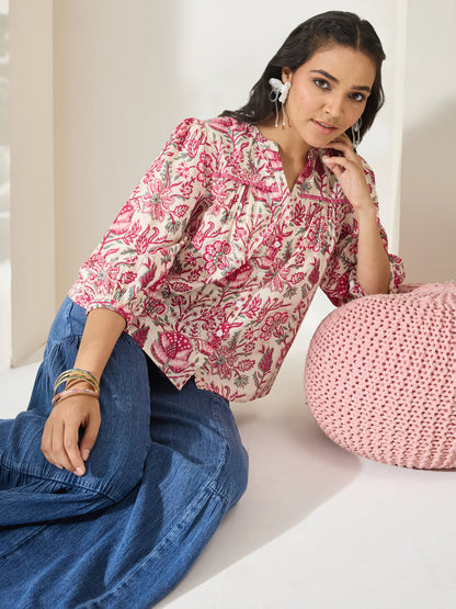 Janasya Women's Cream Pure Cotton Floral Printed Shirt Style Top