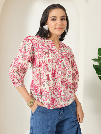 Janasya Women's Cream Pure Cotton Floral Printed Shirt Style Top