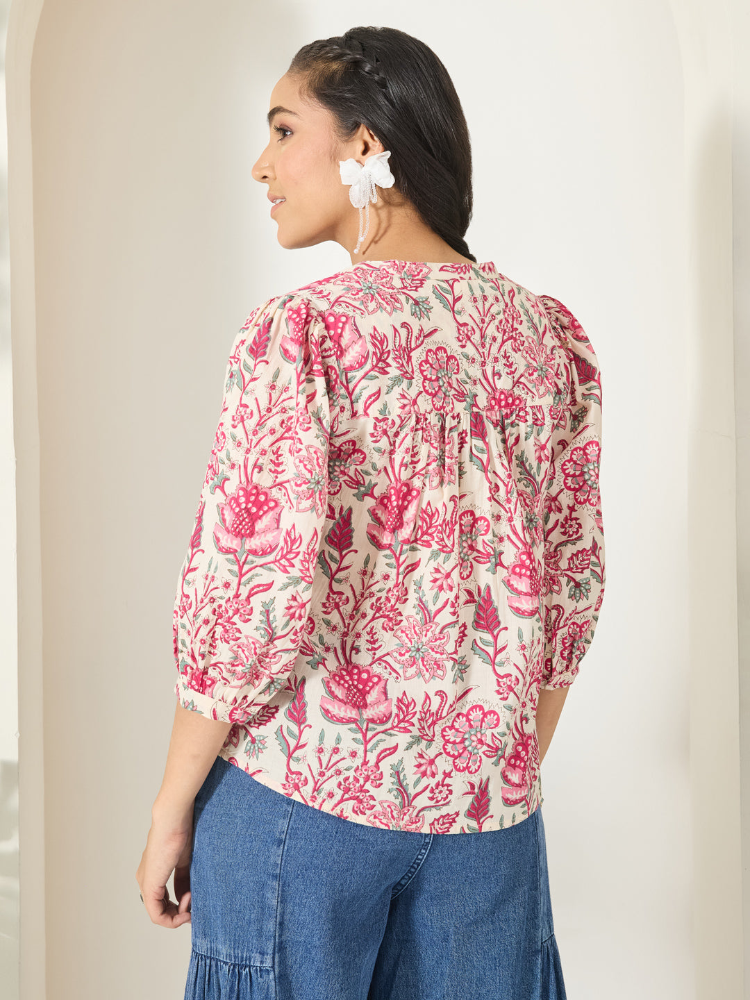 Janasya Women's Cream Pure Cotton Floral Printed Shirt Style Top