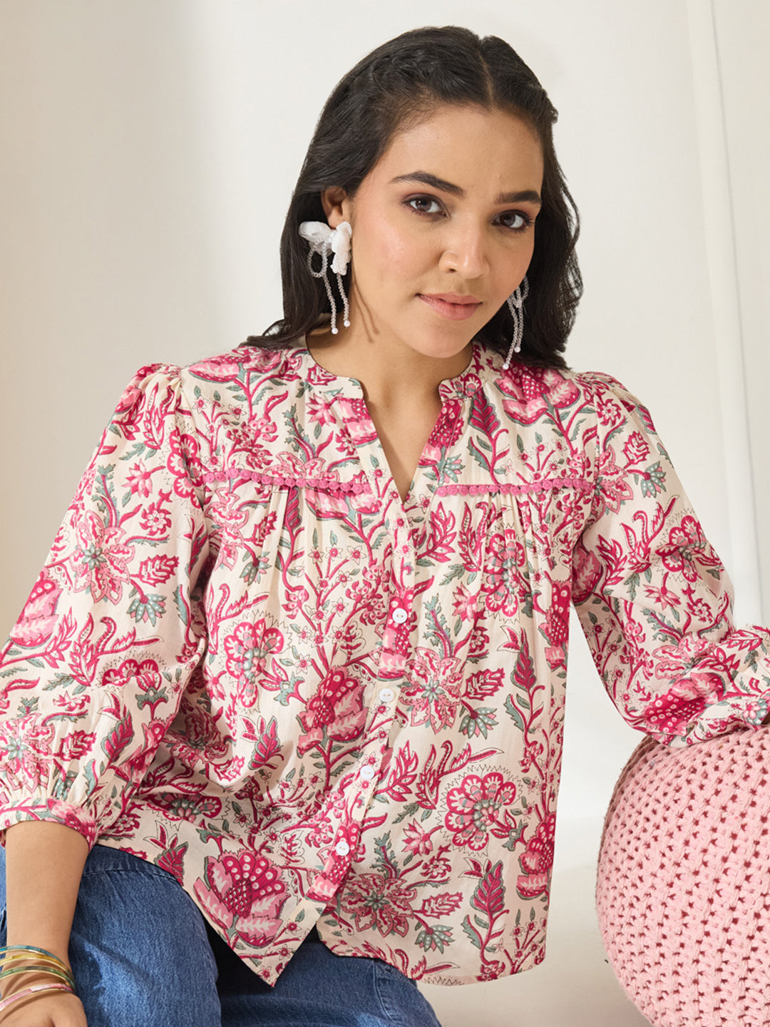 Janasya Women's Cream Pure Cotton Floral Printed Shirt Style Top
