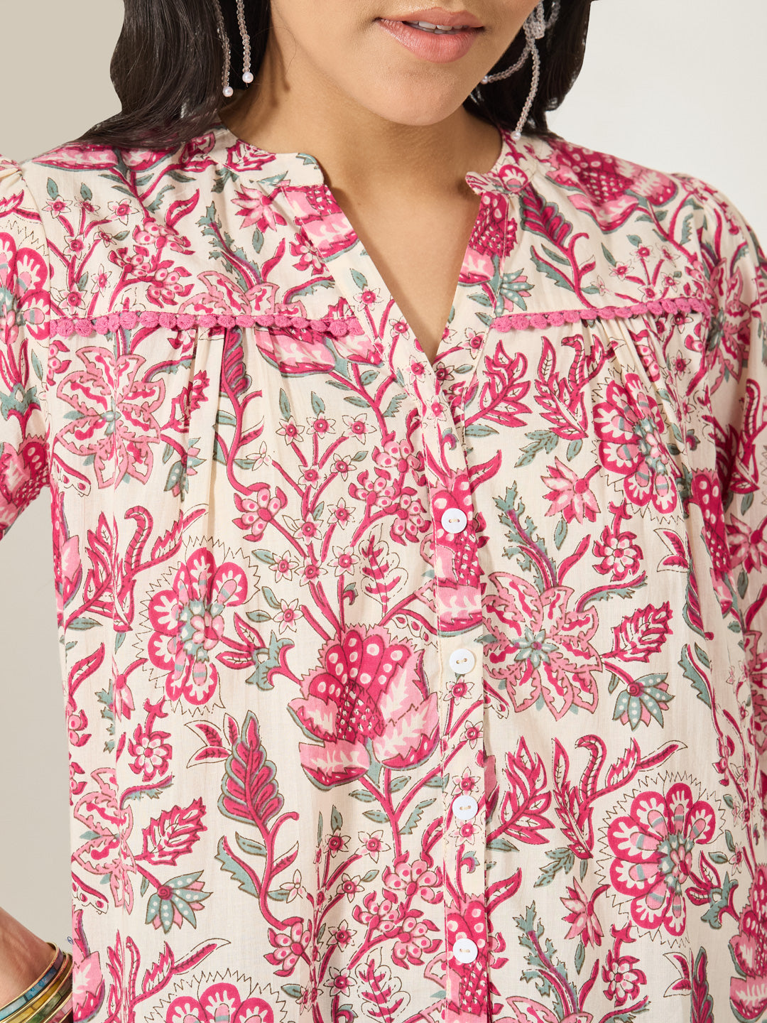 Janasya Women's Cream Pure Cotton Floral Printed Shirt Style Top