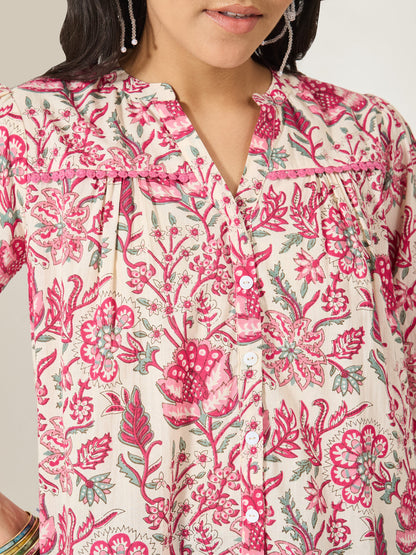 Janasya Women's Cream Pure Cotton Floral Printed Shirt Style Top