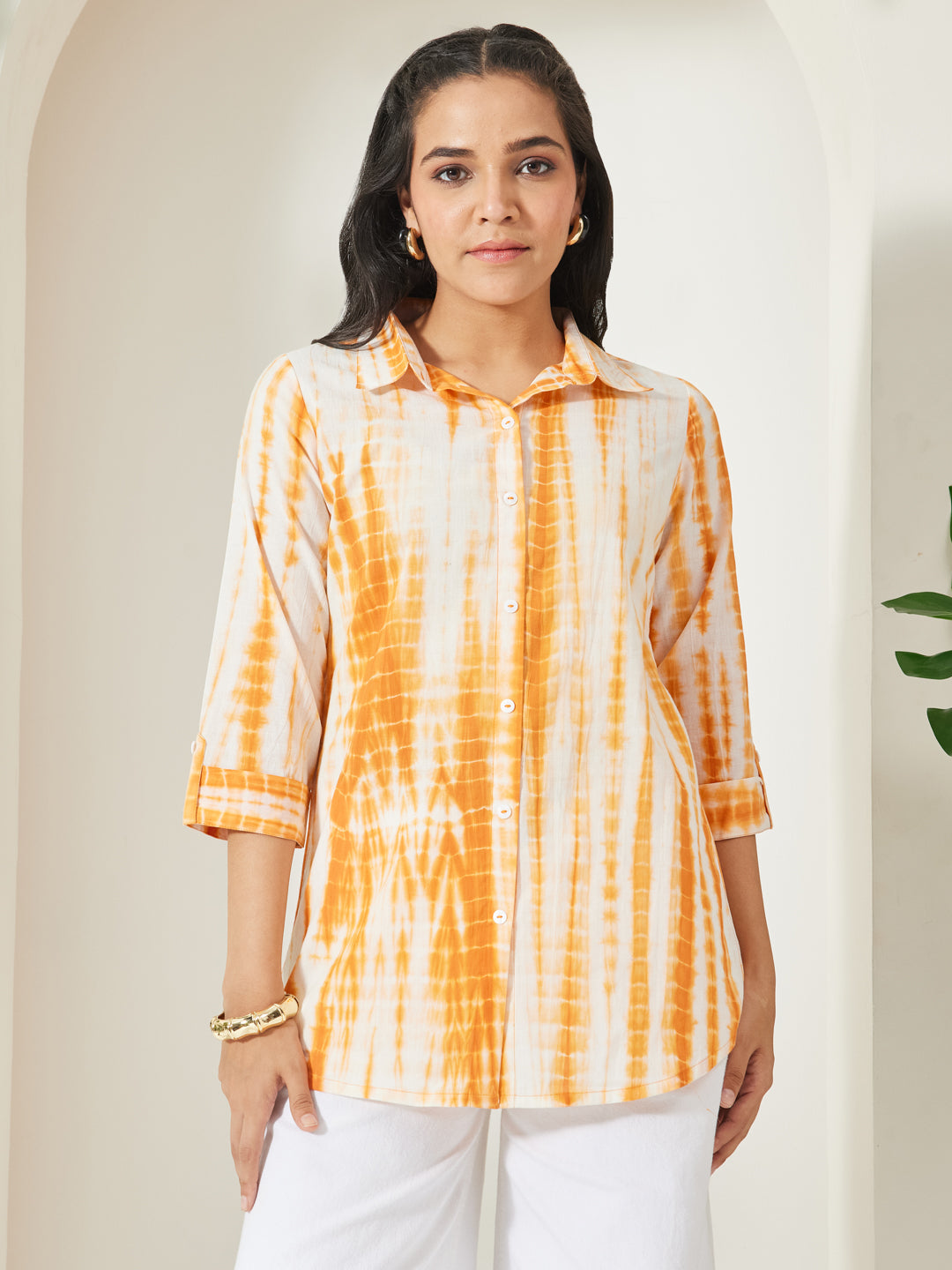 Janasya Women's Orange Pure Cotton Tie & dye Printed Shirt Top